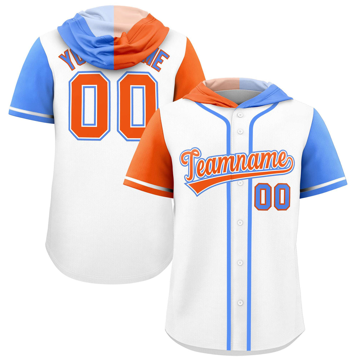 Custom White Orange and Powder Blue Split Fashion Raglan Sleeves Authentic Baseball Hoodie Jersey