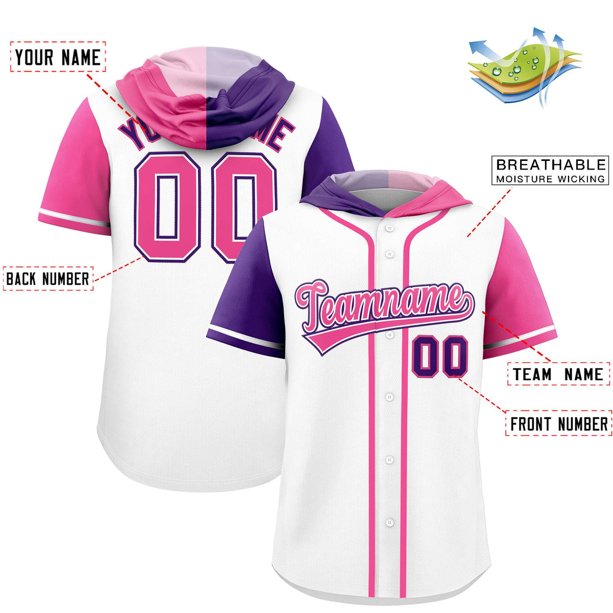 Custom White Purple and Pink Split Fashion Raglan Sleeves Authentic Baseball Hoodie Jersey