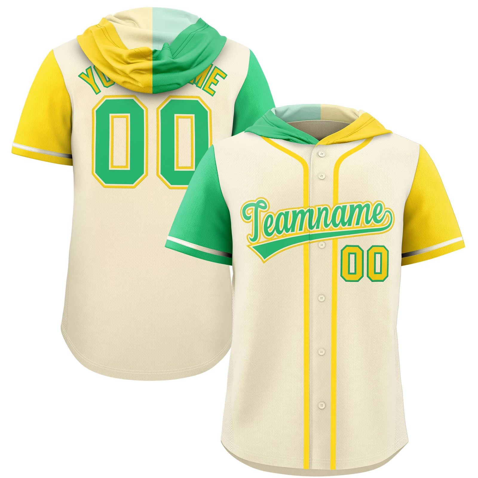 Custom Cream Bright Green and Gold Split Fashion Raglan Sleeves Authentic Baseball Hoodie Jersey