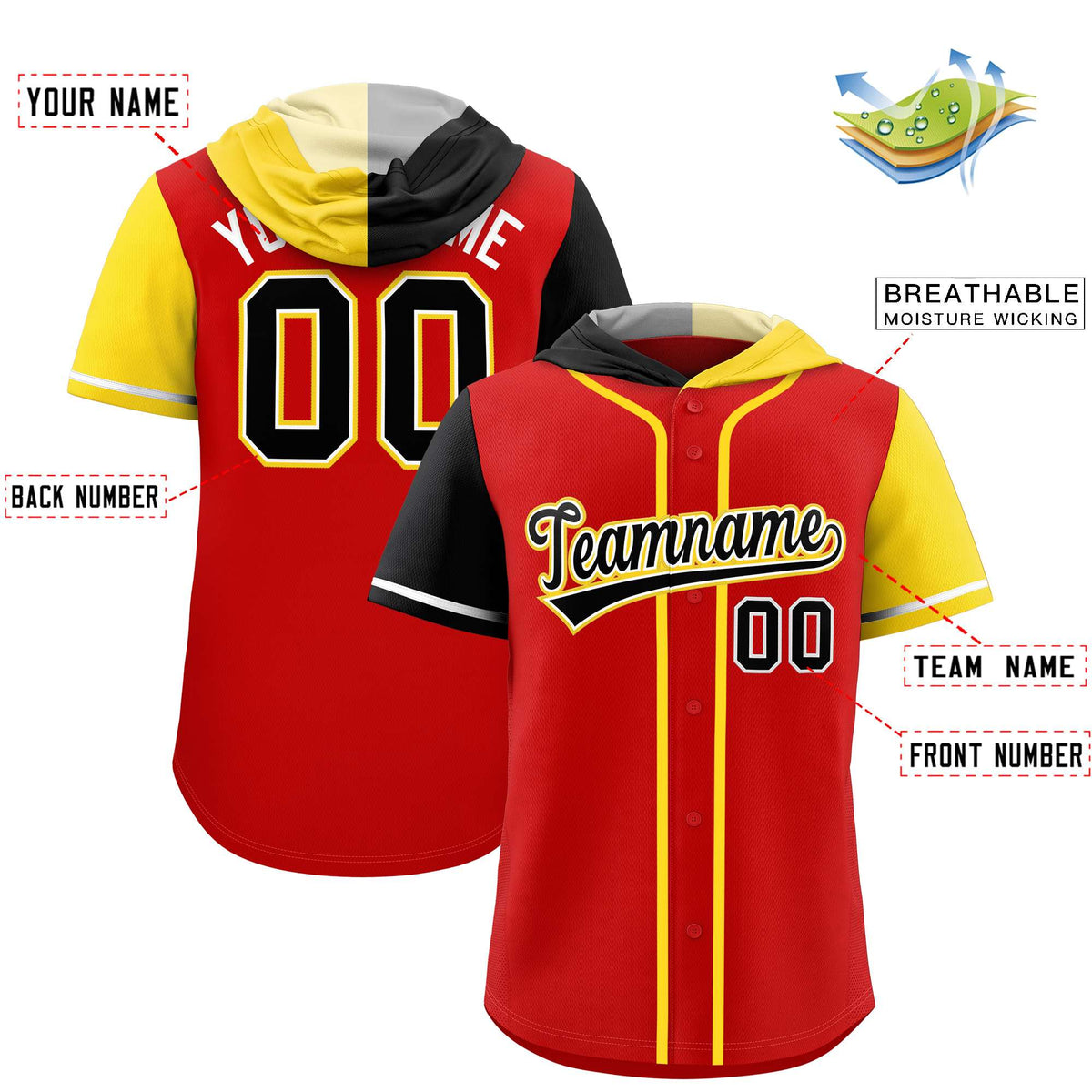 Custom Red Black and Gold Split Fashion Raglan Sleeves Authentic Baseball Hoodie Jersey