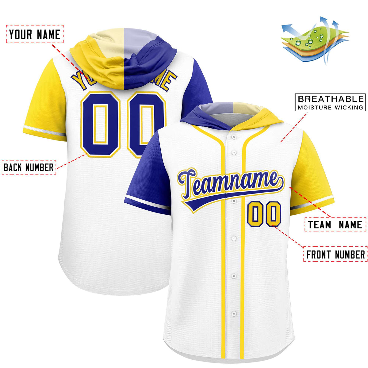 Custom White Royal and Gold Split Fashion Raglan Sleeves Authentic Baseball Hoodie Jersey