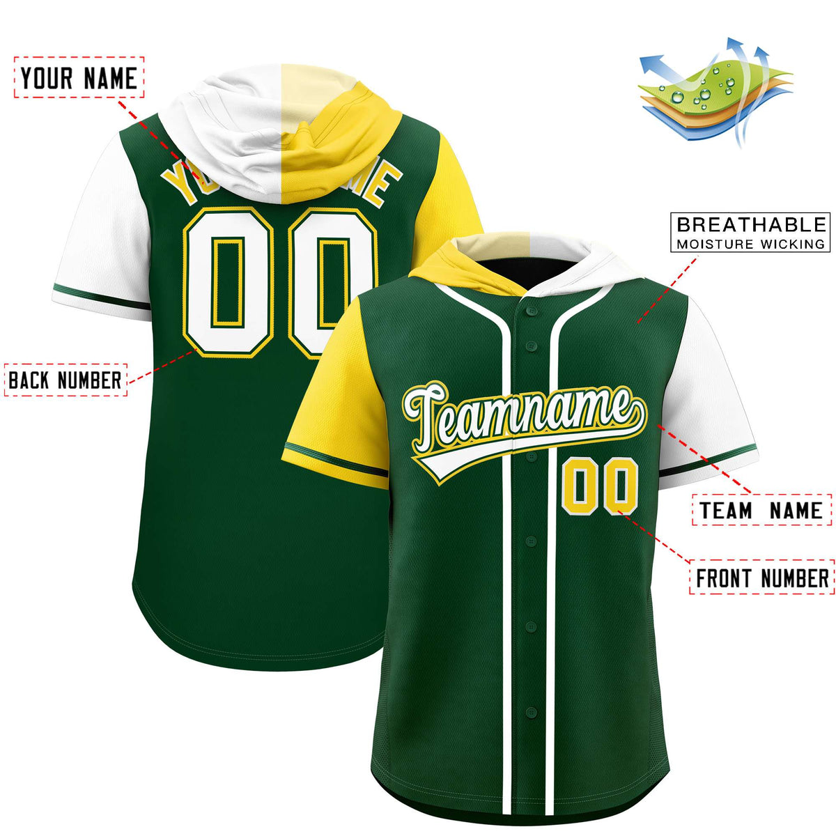 Custom Green Gold and White Split Fashion Raglan Sleeves Authentic Baseball Hoodie Jersey