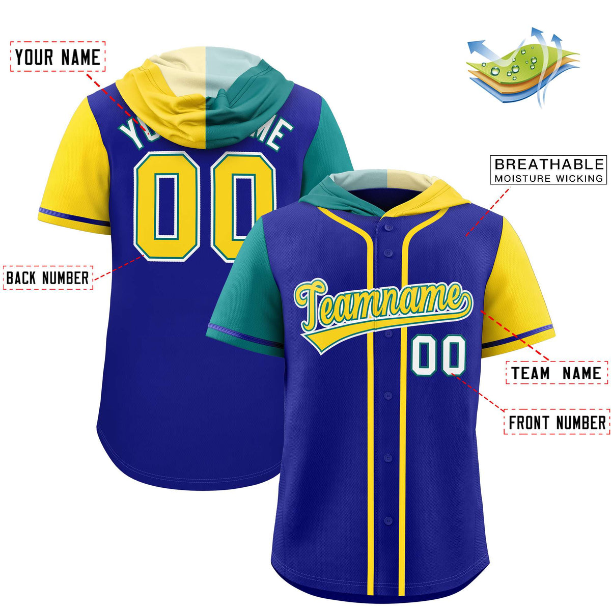 Custom Royal Aqua and Gold Split Fashion Raglan Sleeves Authentic Baseball Hoodie Jersey
