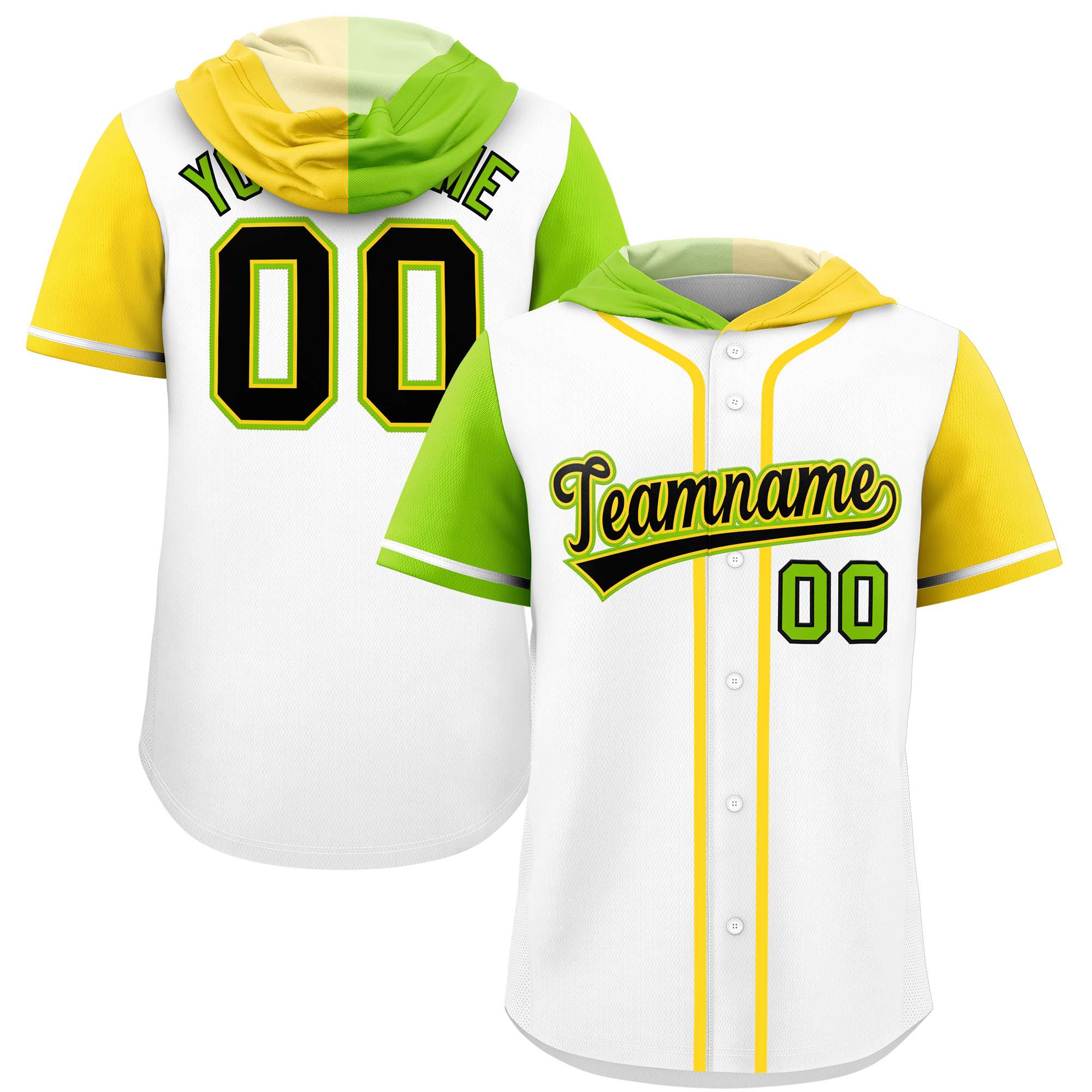 Custom White Neon Green and Gold Split Fashion Raglan Sleeves Authentic Baseball Hoodie Jersey