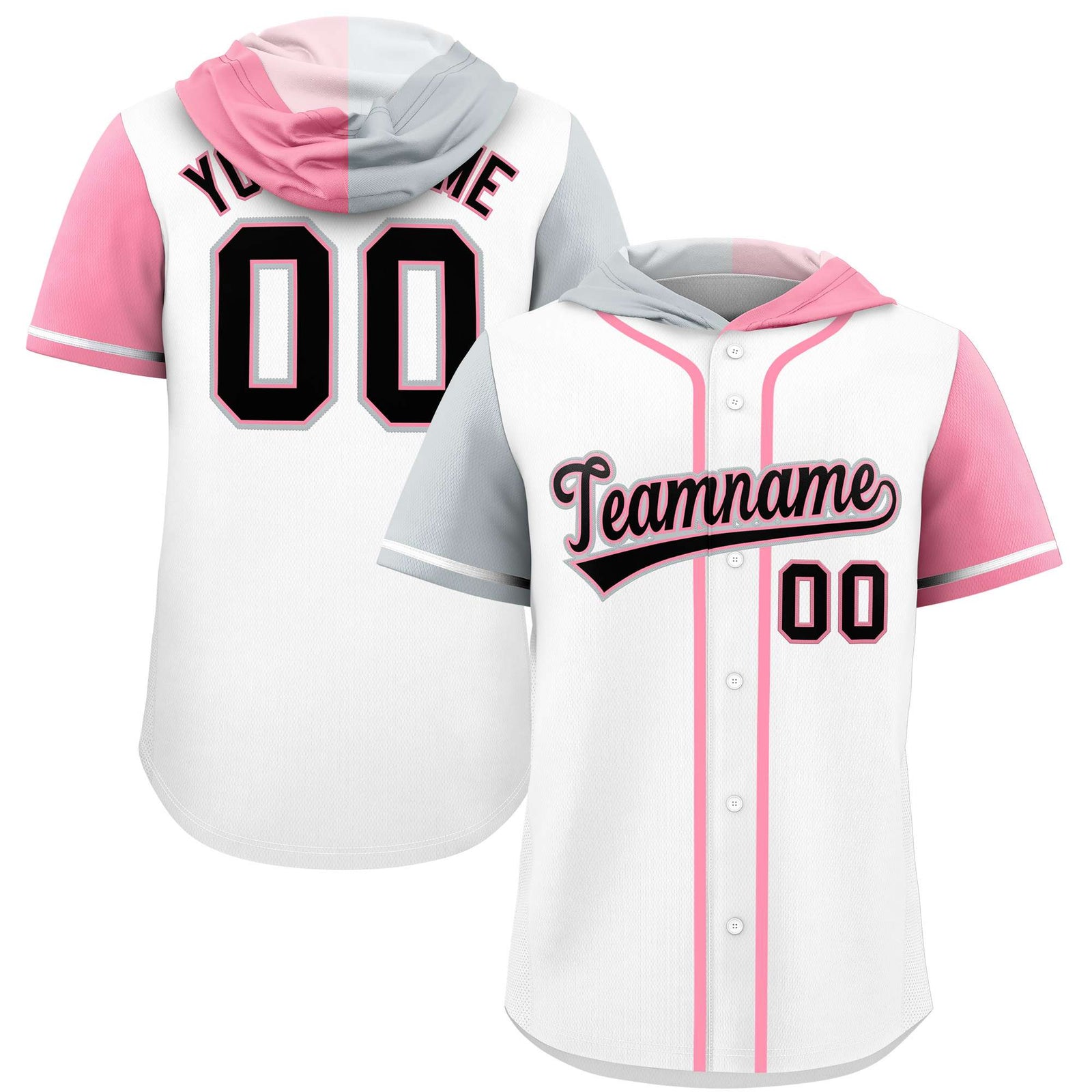 Custom White Silver and Light Pink Split Fashion Raglan Sleeves Authentic Baseball Hoodie Jersey