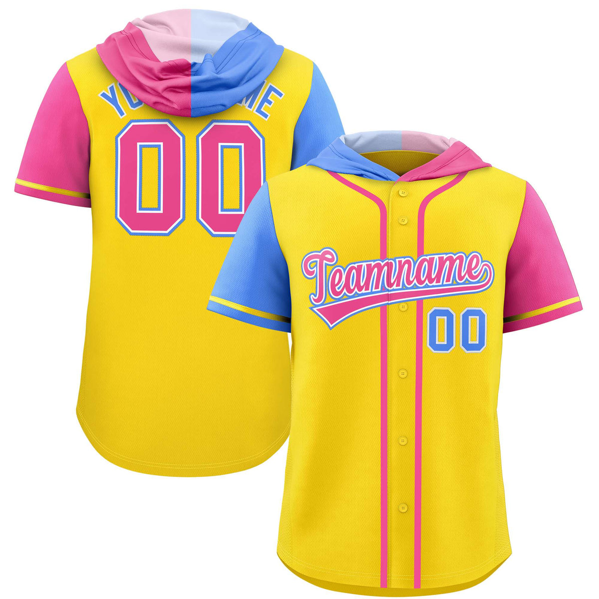 Custom Gold Powder Blue and Pink Split Fashion Raglan Sleeves Authentic Baseball Hoodie Jersey