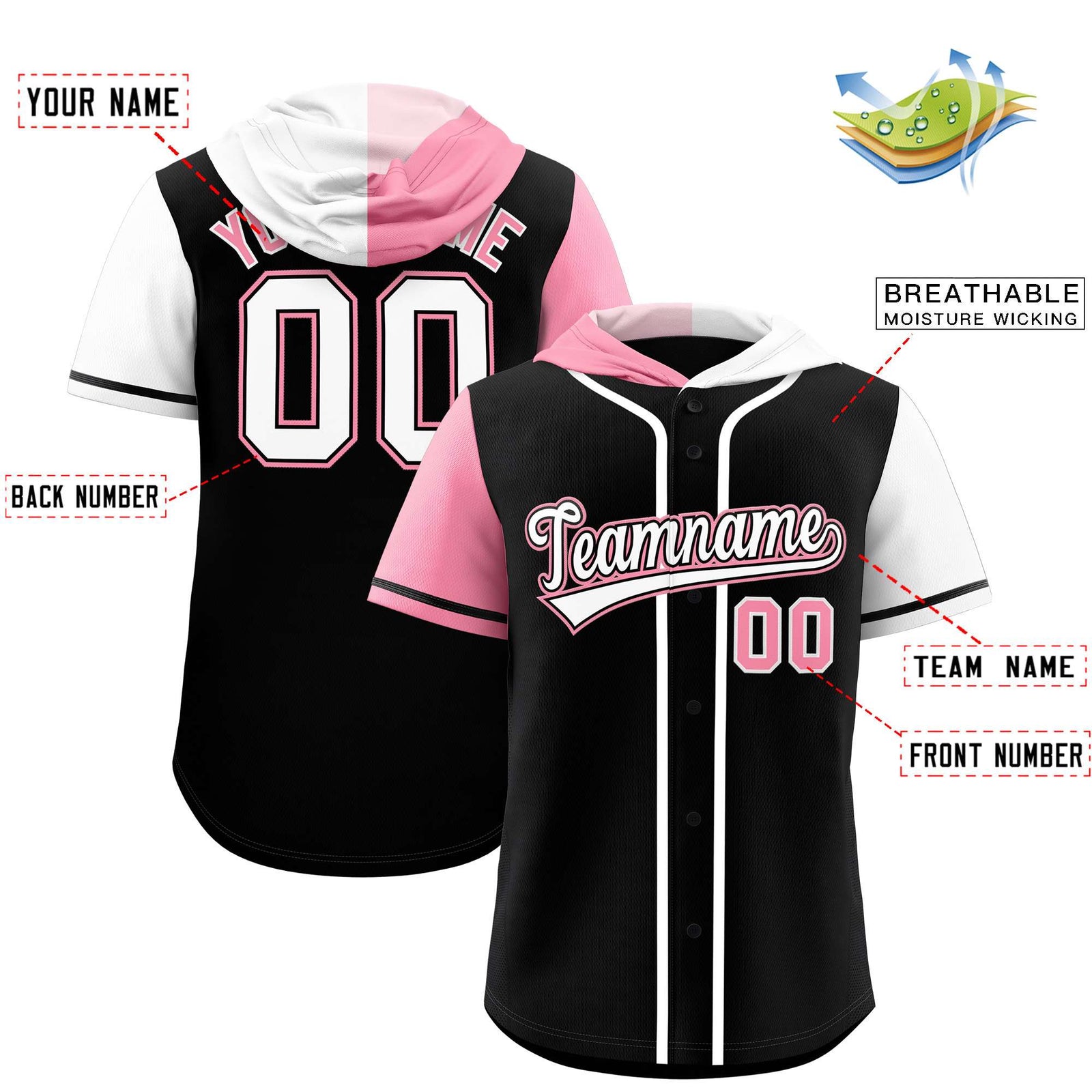 Custom Black Light Pink and White Split Fashion Raglan Sleeves Authentic Baseball Hoodie Jersey
