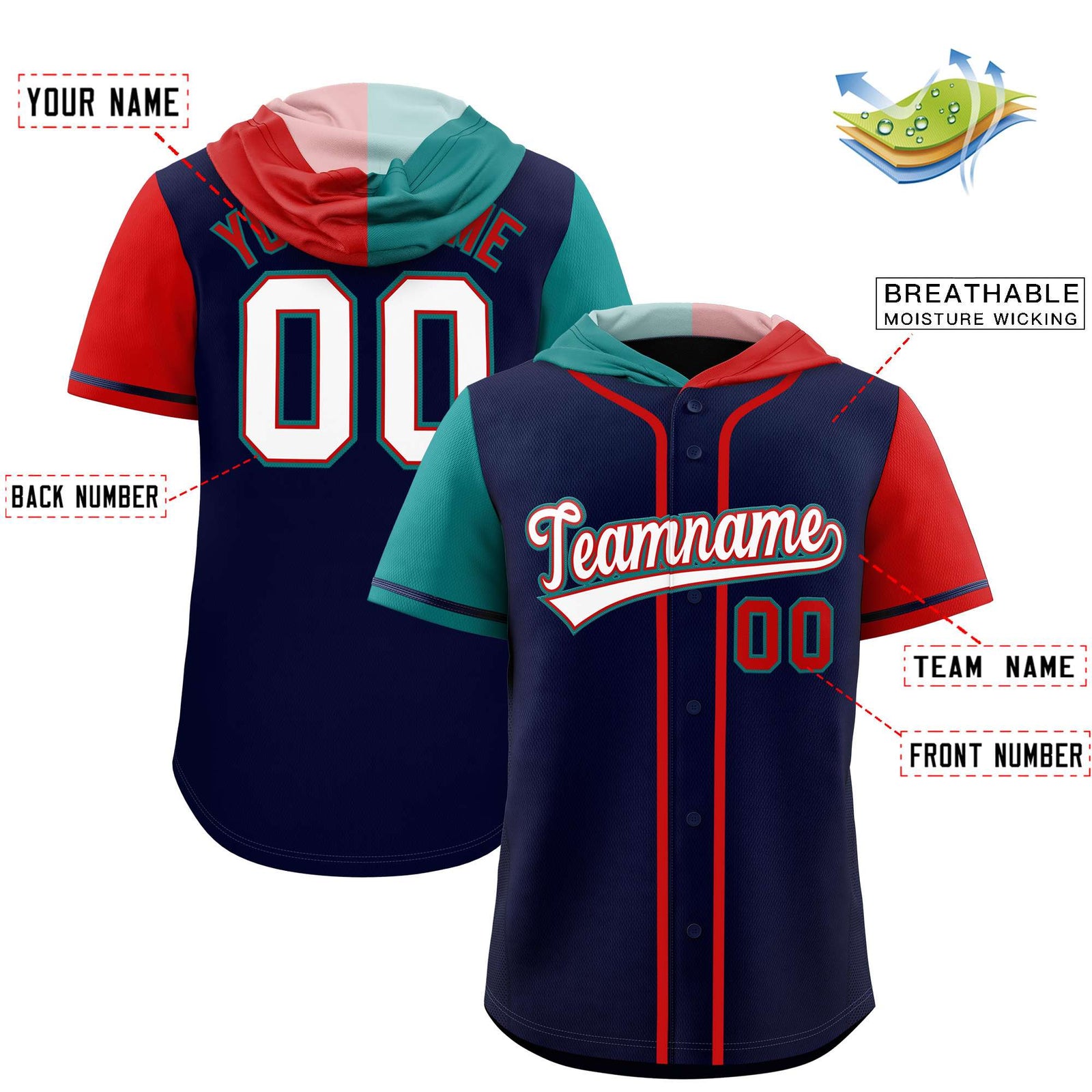 Custom Navy Aqua and Red Split Fashion Raglan Sleeves Authentic Baseball Hoodie Jersey