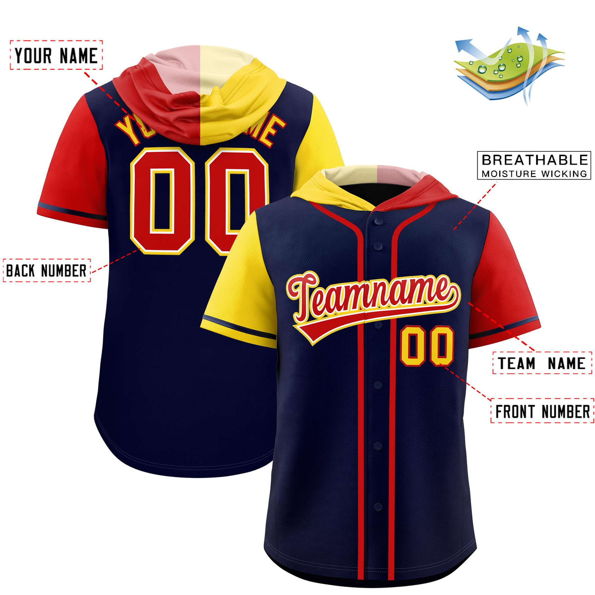 Custom Navy Gold and Red Split Fashion Raglan Sleeves Authentic Baseball Hoodie Jersey