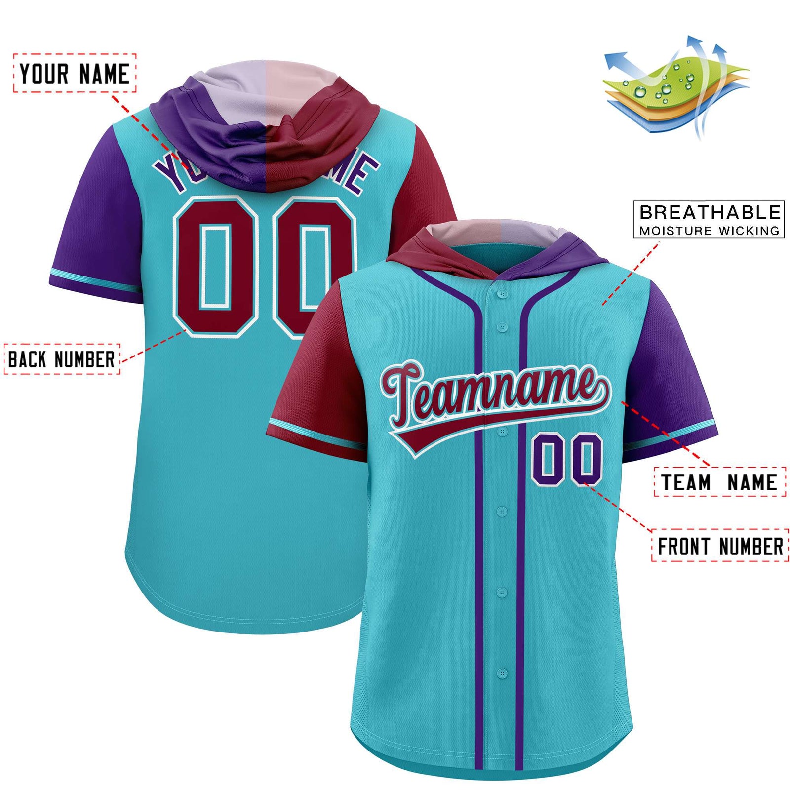 Custom Sky Blue Crimson and Purple Split Fashion Raglan Sleeves Authentic Baseball Hoodie Jersey