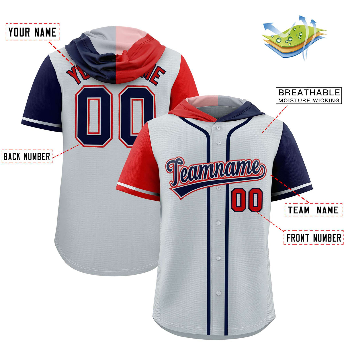 Custom Silver Red and Navy Split Fashion Raglan Sleeves Authentic Baseball Hoodie Jersey
