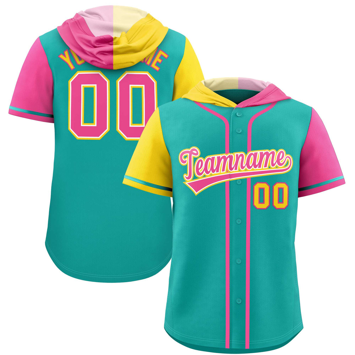 Custom Aqua Gold and Pink Split Fashion Raglan Sleeves Authentic Baseball Hoodie Jersey