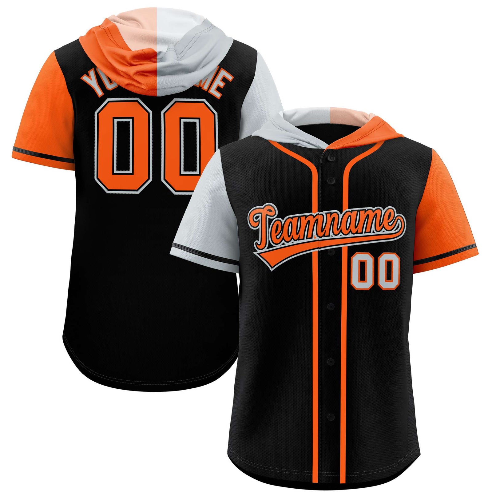 Custom Black Silver and Orange Split Fashion Raglan Sleeves Authentic Baseball Hoodie Jersey