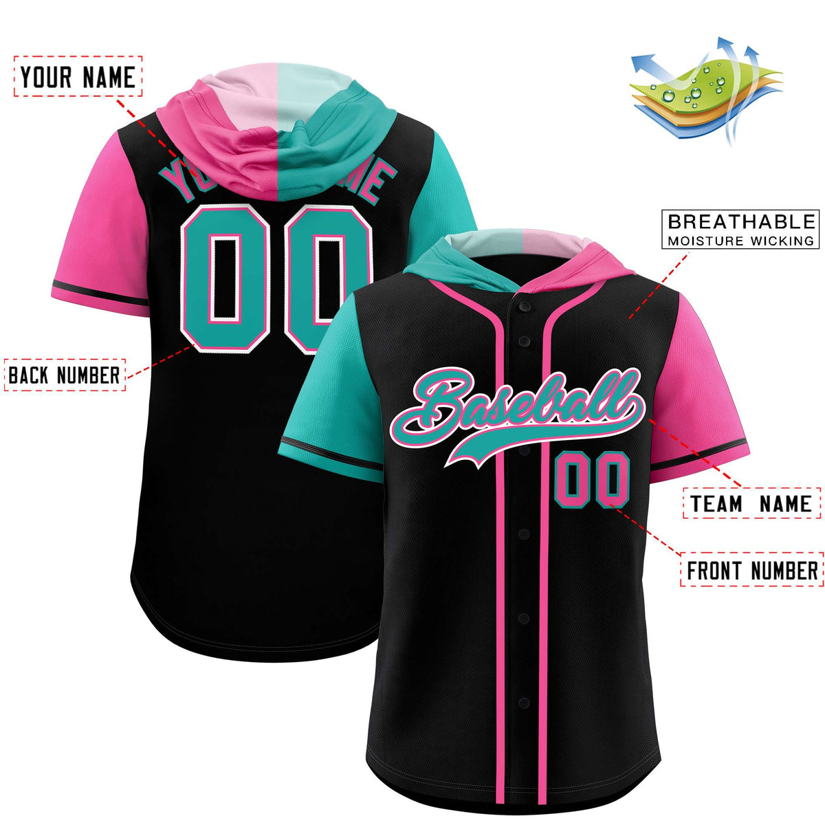 Custom Black Aqua and Pink Split Fashion Raglan Sleeves Authentic Baseball Hoodie Jersey