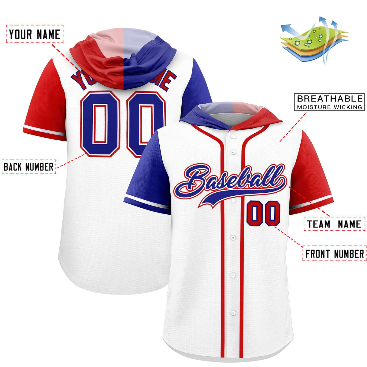 Custom White Royal and Red Split Fashion Raglan Sleeves Authentic Baseball Hoodie Jersey