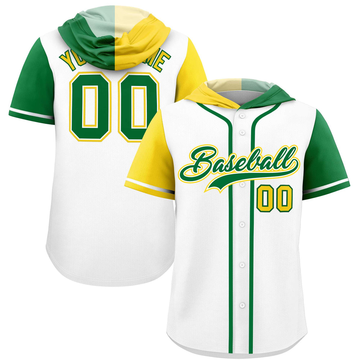 Custom White Gold and Kelly Green Split Fashion Raglan Sleeves Authentic Baseball Hoodie Jersey