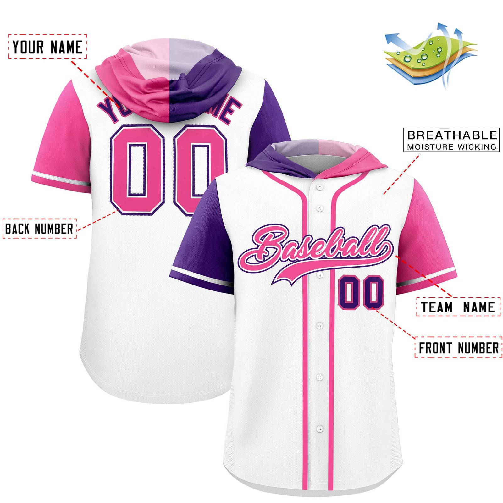 Custom White Purple and Pink Split Fashion Raglan Sleeves Authentic Baseball Hoodie Jersey