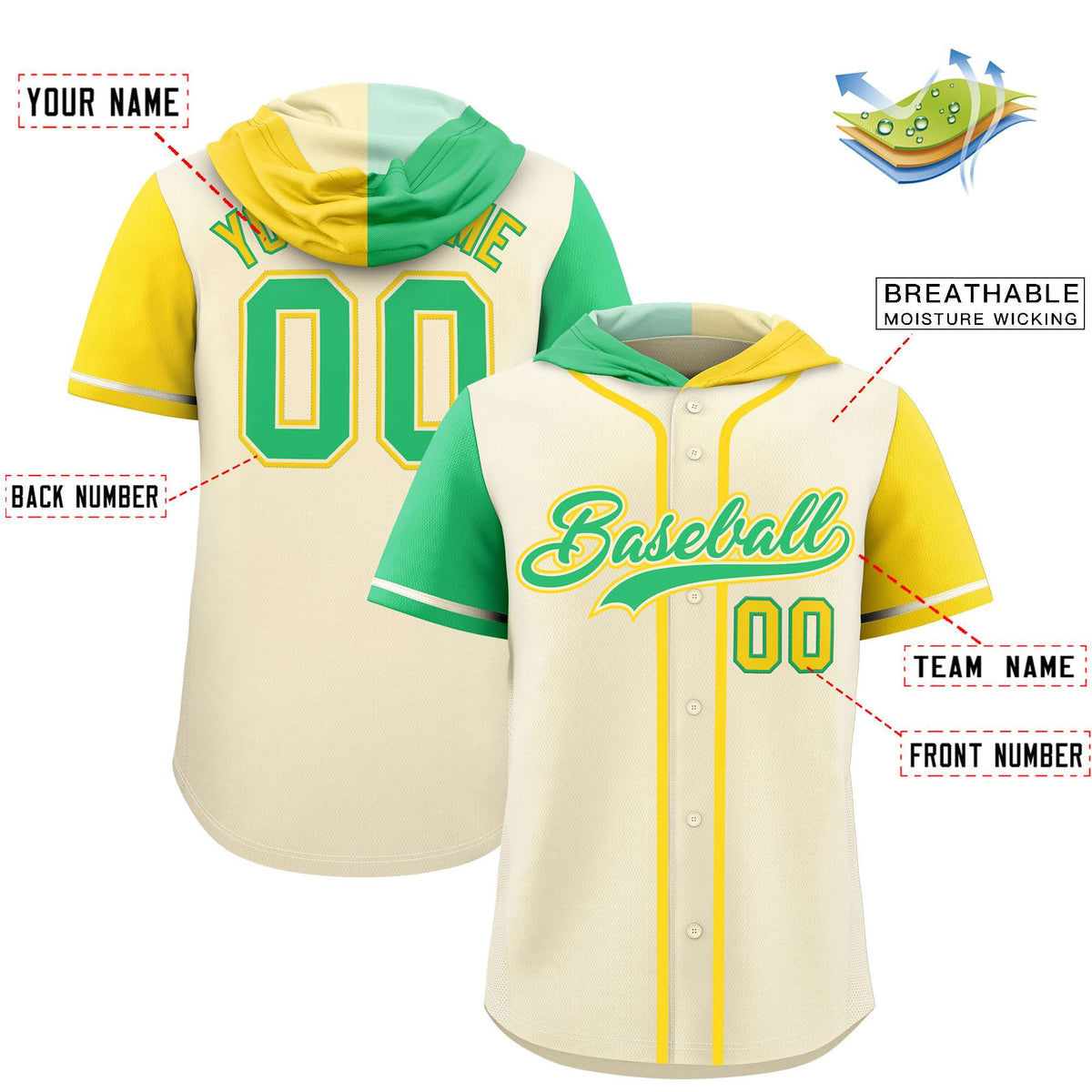 Custom Cream Bright Green and Gold Split Fashion Raglan Sleeves Authentic Baseball Hoodie Jersey