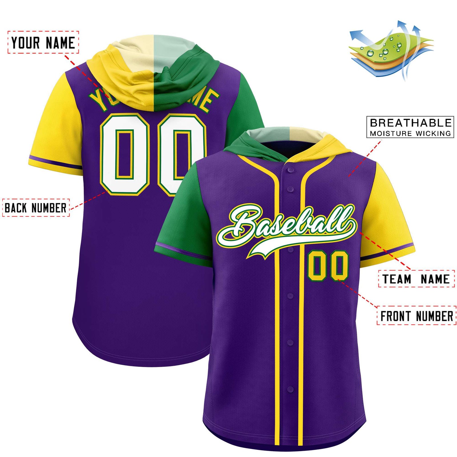 Custom Purple Kelly Green and Gold Split Fashion Raglan Sleeves Authentic Baseball Hoodie Jersey