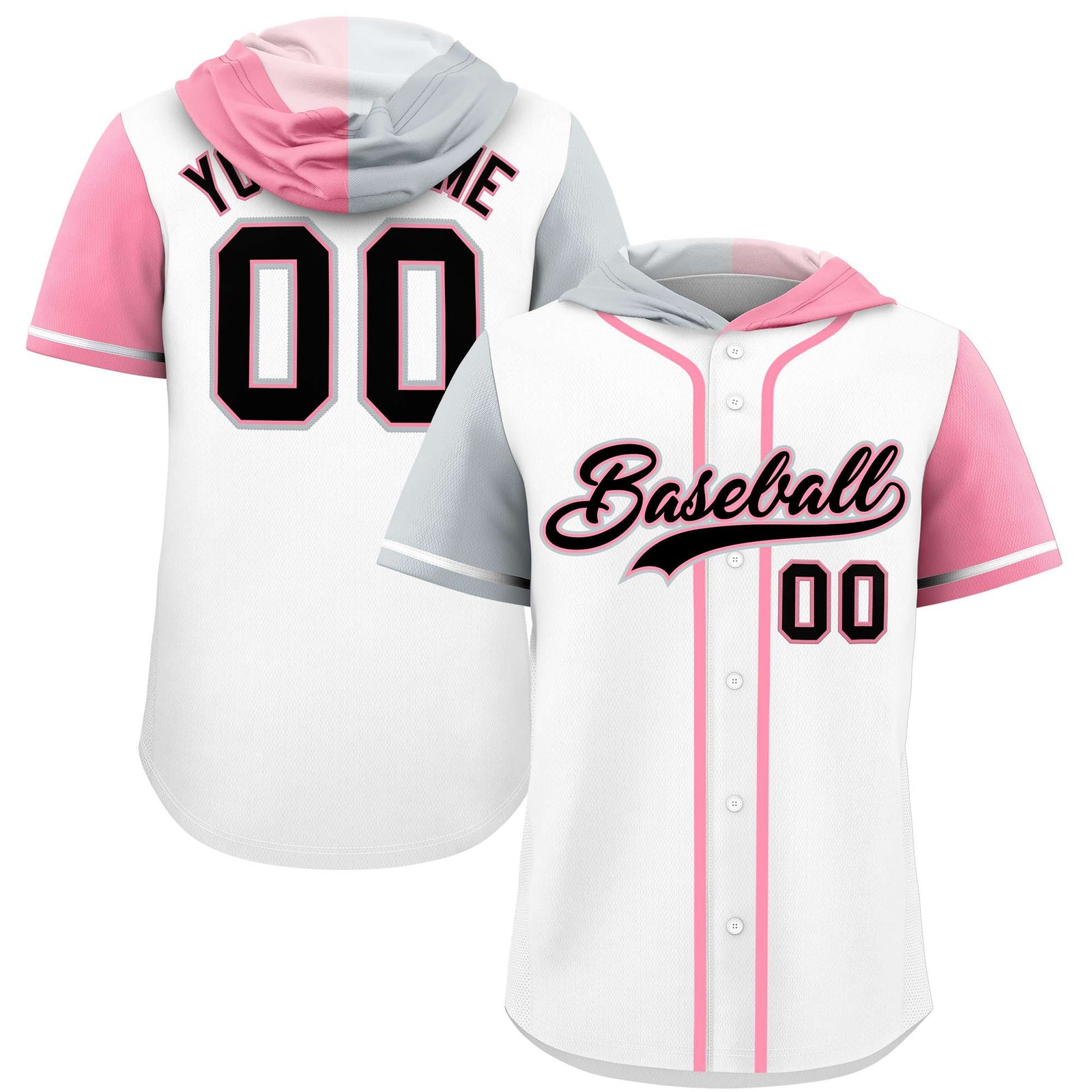Custom White Silver and Light Pink Split Fashion Raglan Sleeves Authentic Baseball Hoodie Jersey