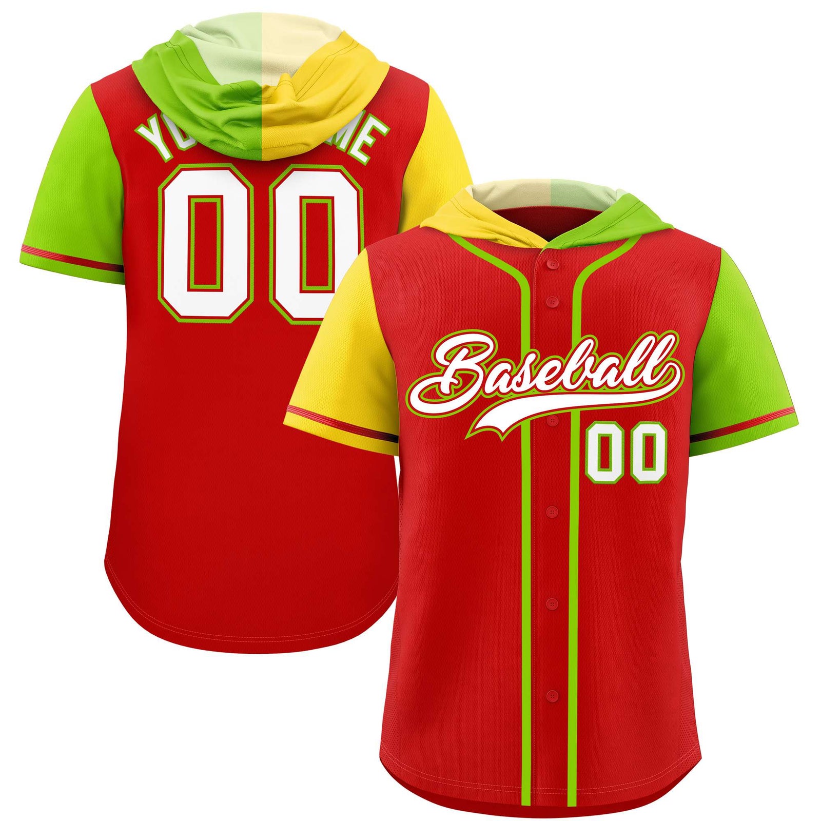 Custom Red Gold and Neon Green Split Fashion Raglan Sleeves Authentic Baseball Hoodie Jersey