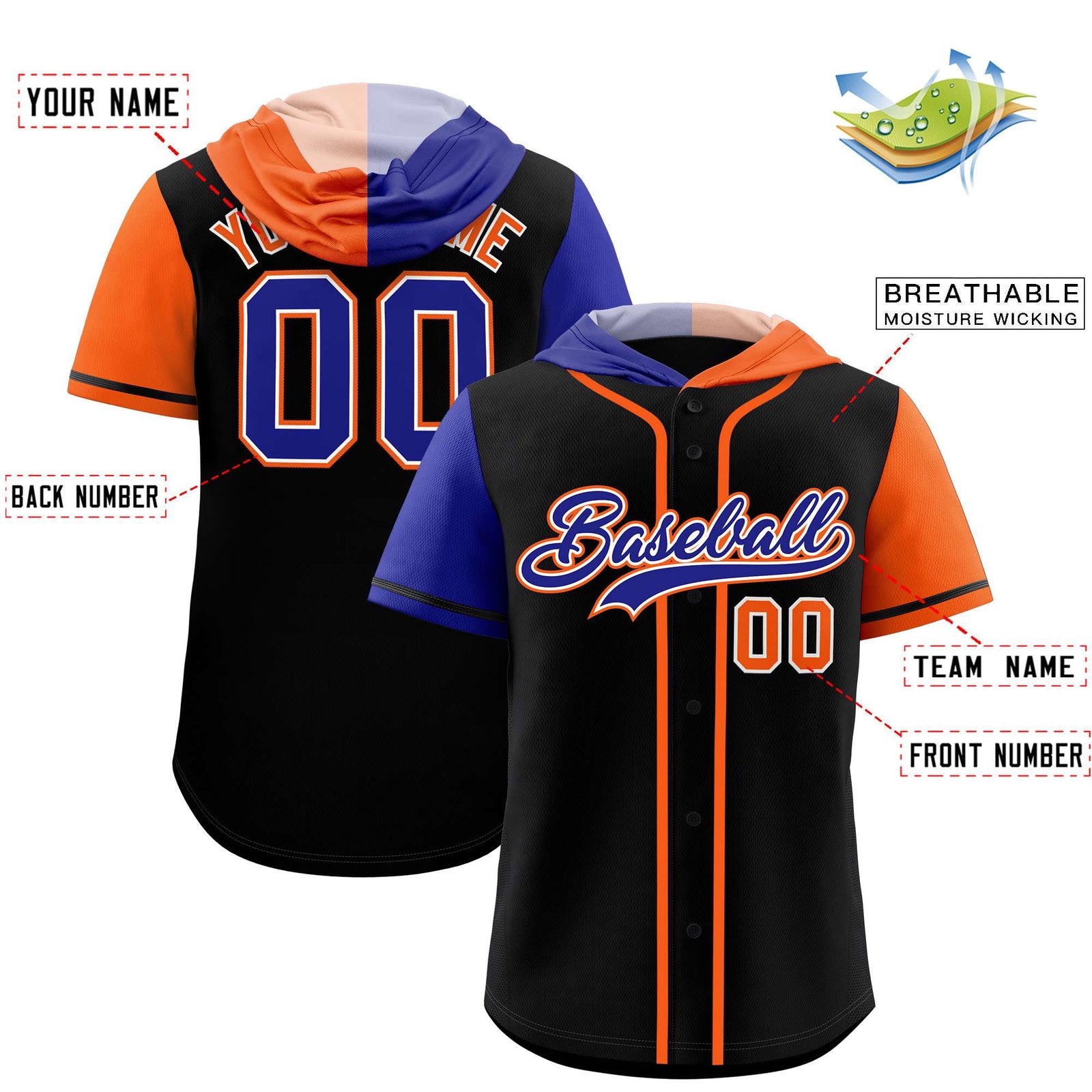 Custom Black Royal and Orange Split Fashion Raglan Sleeves Authentic Baseball Hoodie Jersey