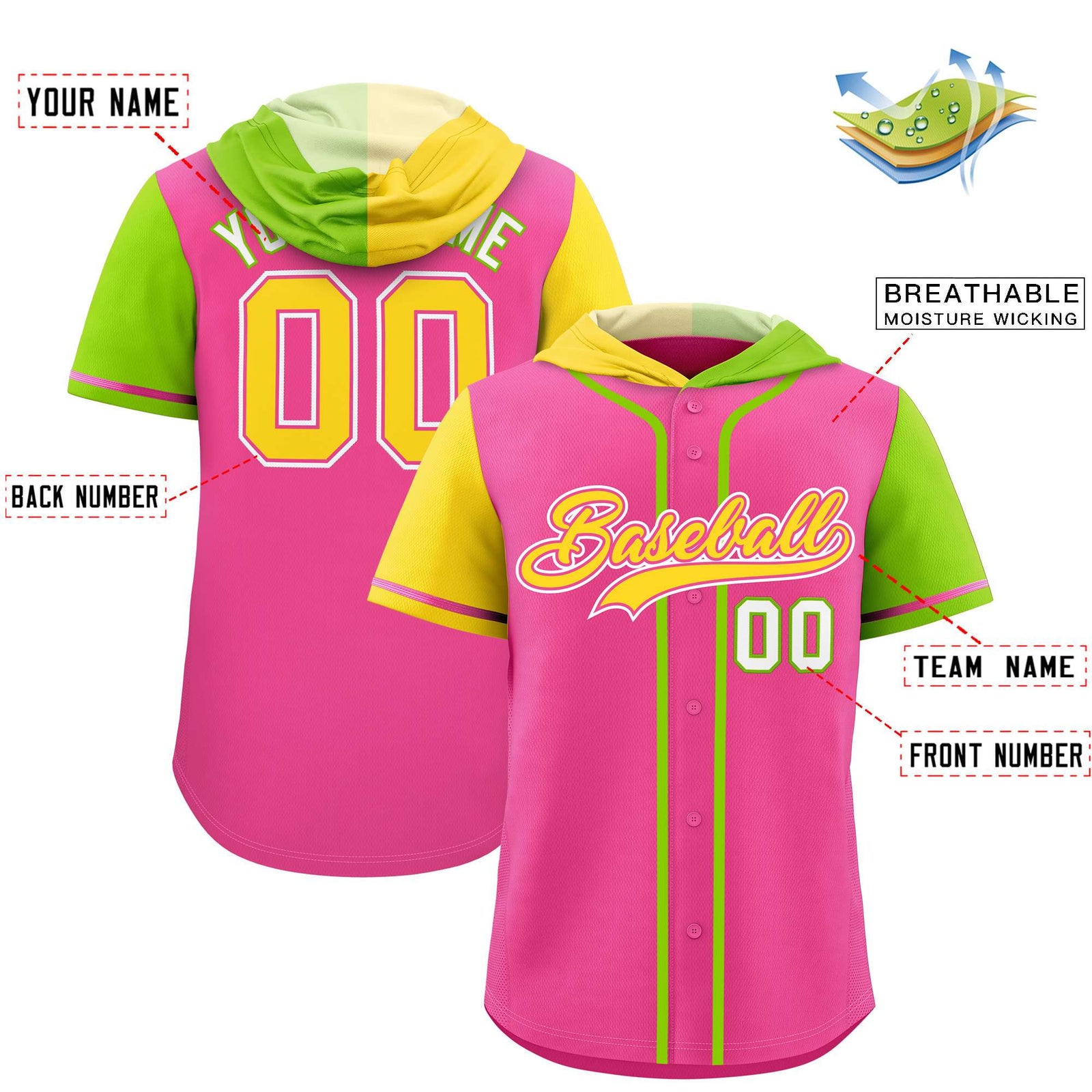 Custom Pink Gold and Neon Green Split Fashion Raglan Sleeves Authentic Baseball Hoodie Jersey
