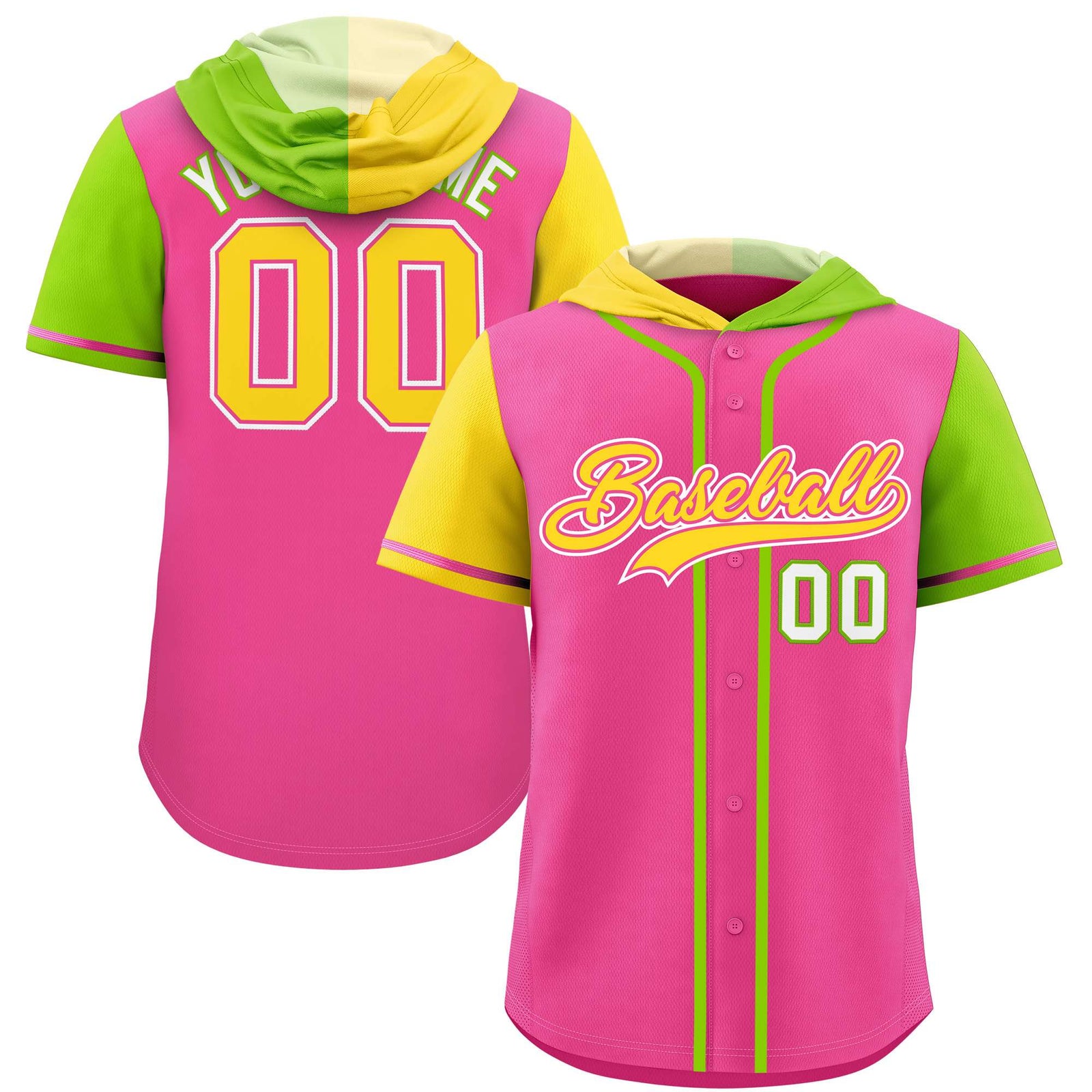 Custom Pink Gold and Neon Green Split Fashion Raglan Sleeves Authentic Baseball Hoodie Jersey