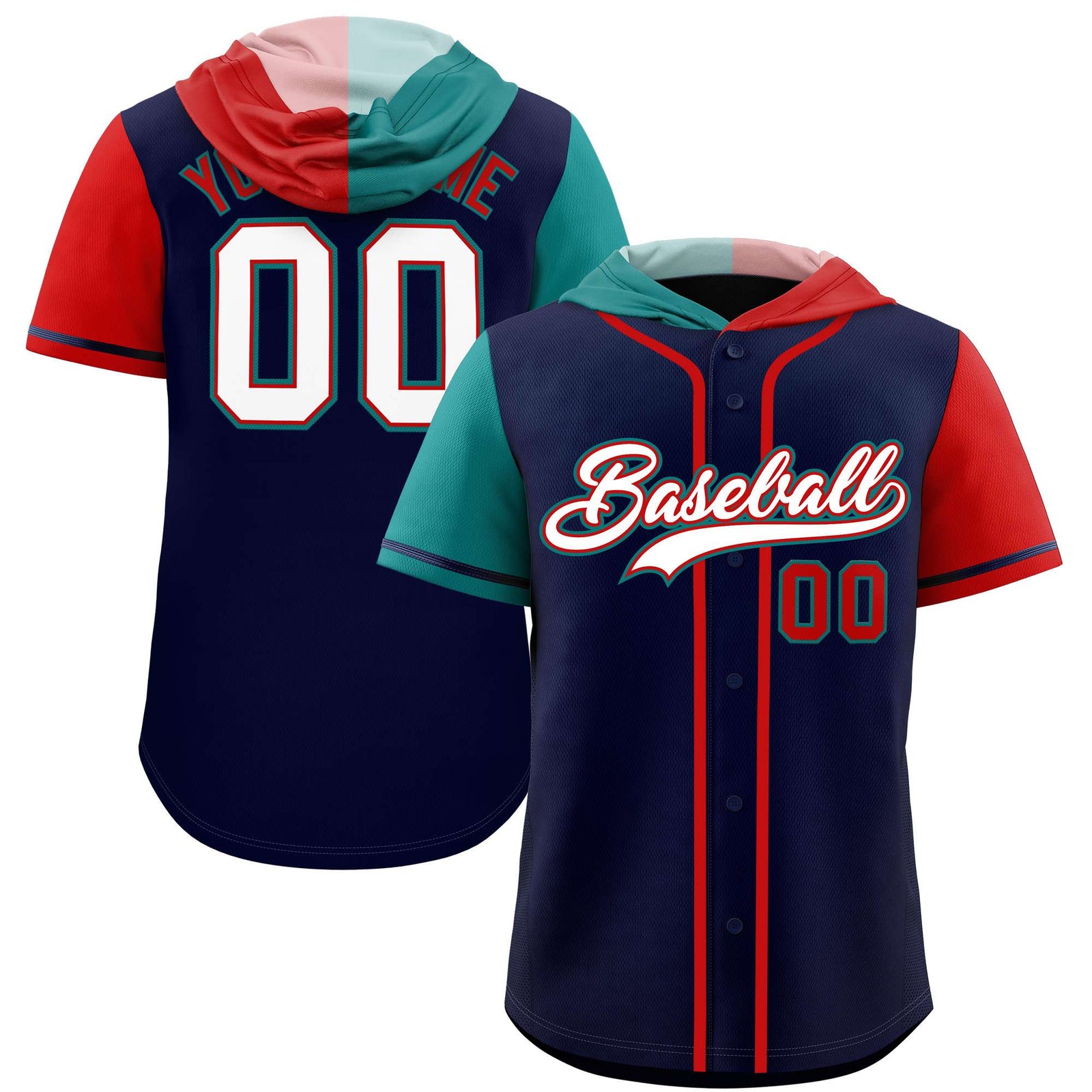 Custom Navy Aqua and Red Split Fashion Raglan Sleeves Authentic Baseball Hoodie Jersey