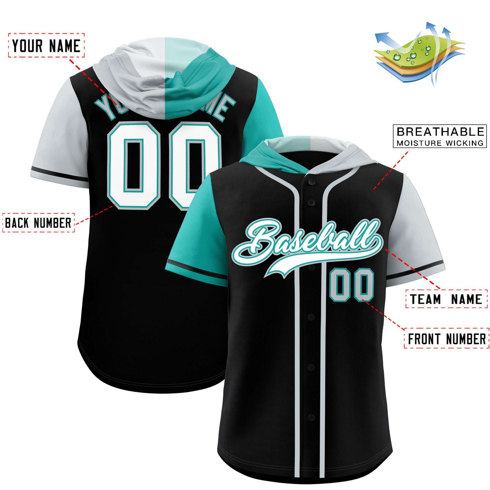 Custom Black Aqua and Silver Split Fashion Raglan Sleeves Authentic Baseball Hoodie Jersey