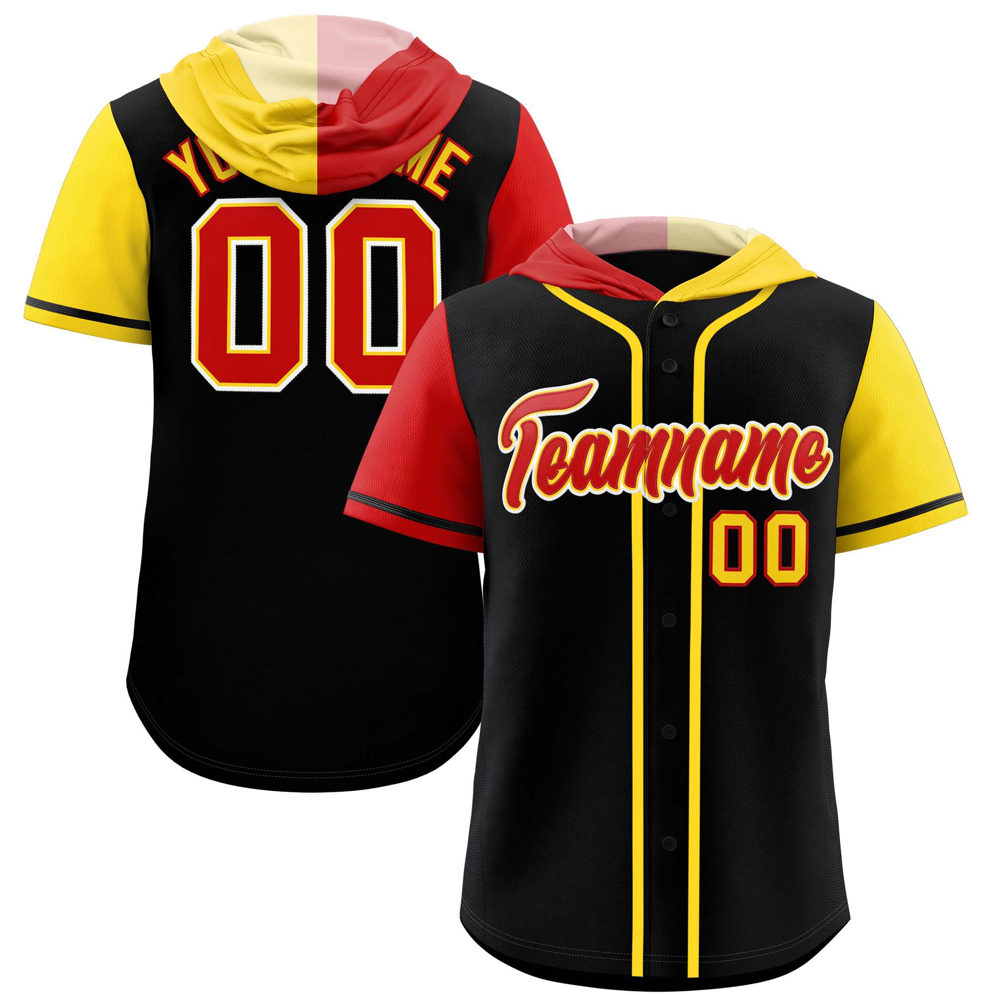 Custom Black Red and Gold Split Fashion Raglan Sleeves Authentic Baseball Hoodie Jersey