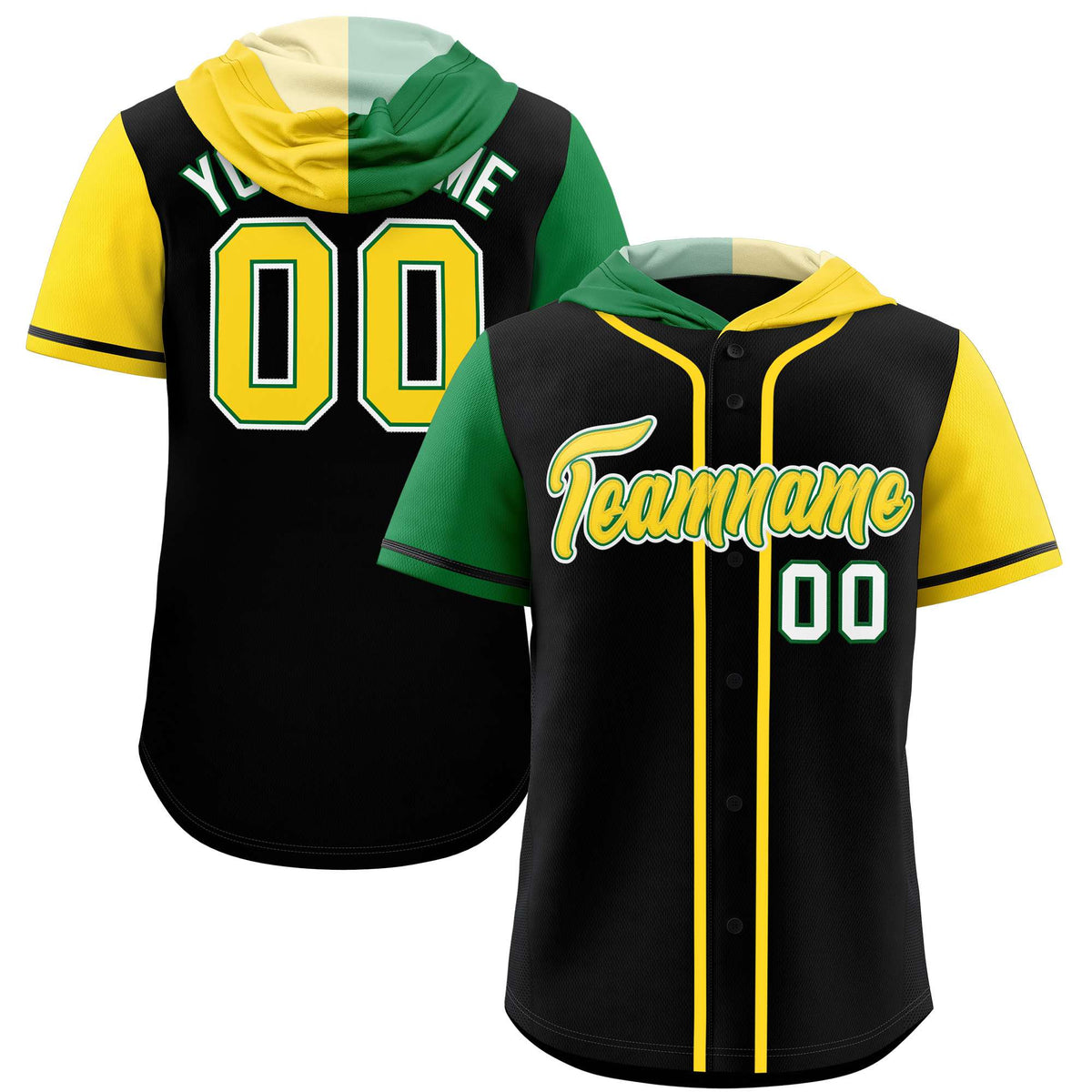 Custom Black Kelly Green and Gold Split Fashion Raglan Sleeves Authentic Baseball Hoodie Jersey