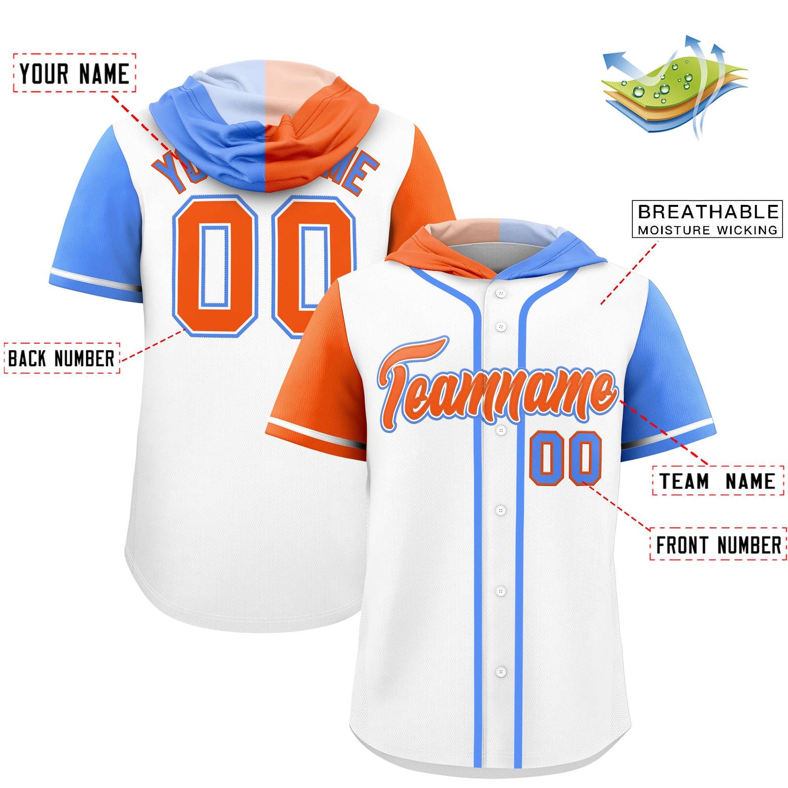 Custom White Orange and Powder Blue Split Fashion Raglan Sleeves Authentic Baseball Hoodie Jersey