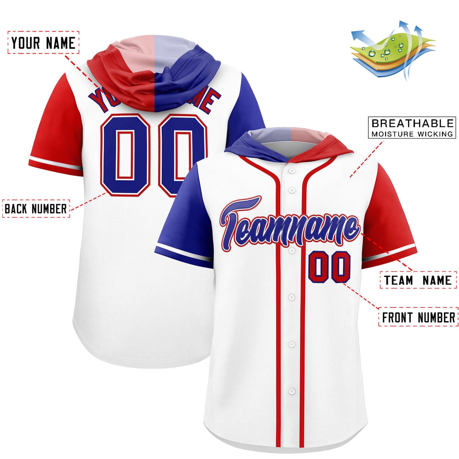 Custom White Royal and Red Split Fashion Raglan Sleeves Authentic Baseball Hoodie Jersey