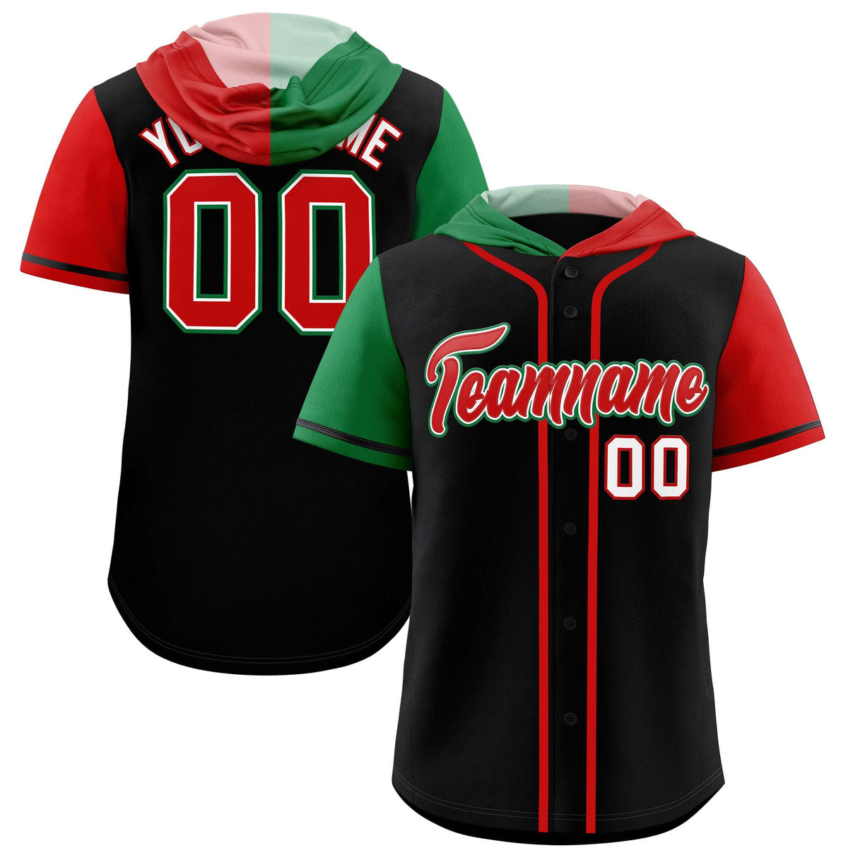 Custom Black Kelly Green and Red Split Fashion Raglan Sleeves Authentic Baseball Hoodie Jersey