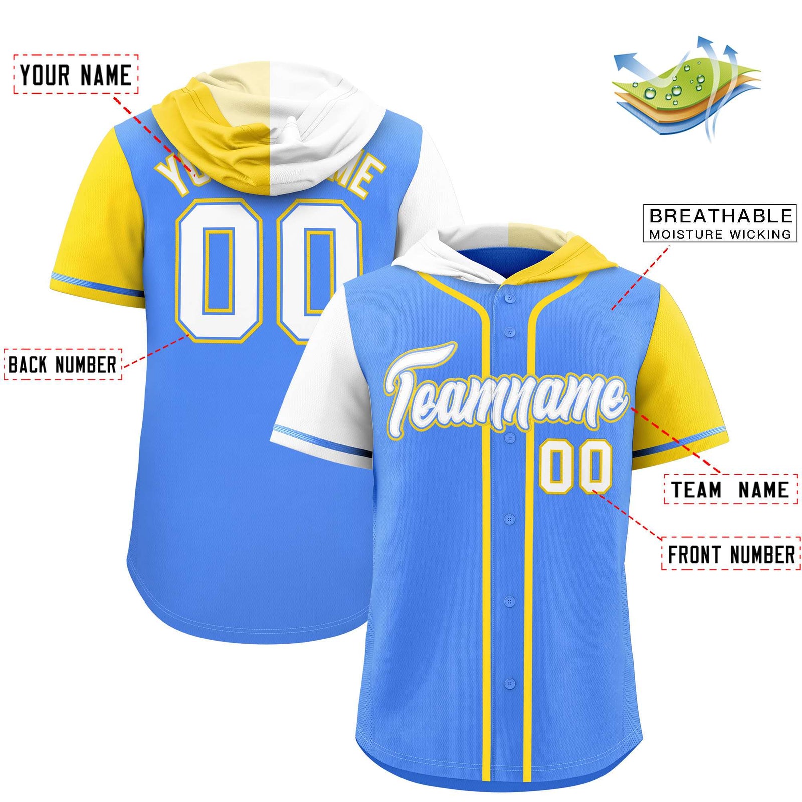 Custom Powder Blue White and Gold Split Fashion Raglan Sleeves Authentic Baseball Hoodie Jersey