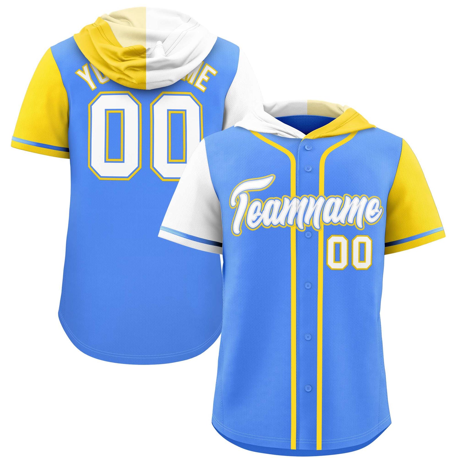 Custom Powder Blue White and Gold Split Fashion Raglan Sleeves Authentic Baseball Hoodie Jersey