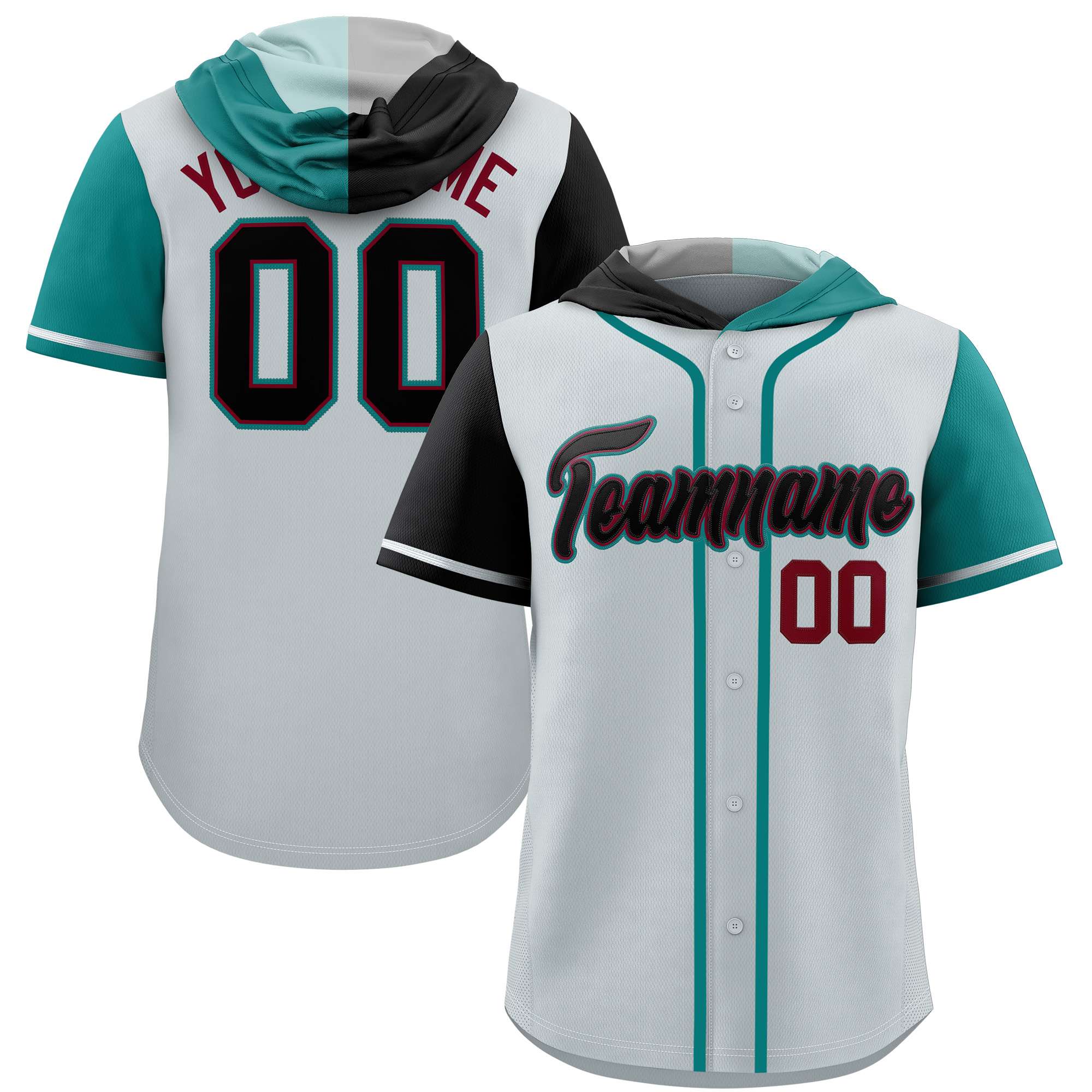 Custom Silver Black and Aqua Split Fashion Raglan Sleeves Authentic Baseball Hoodie Jersey