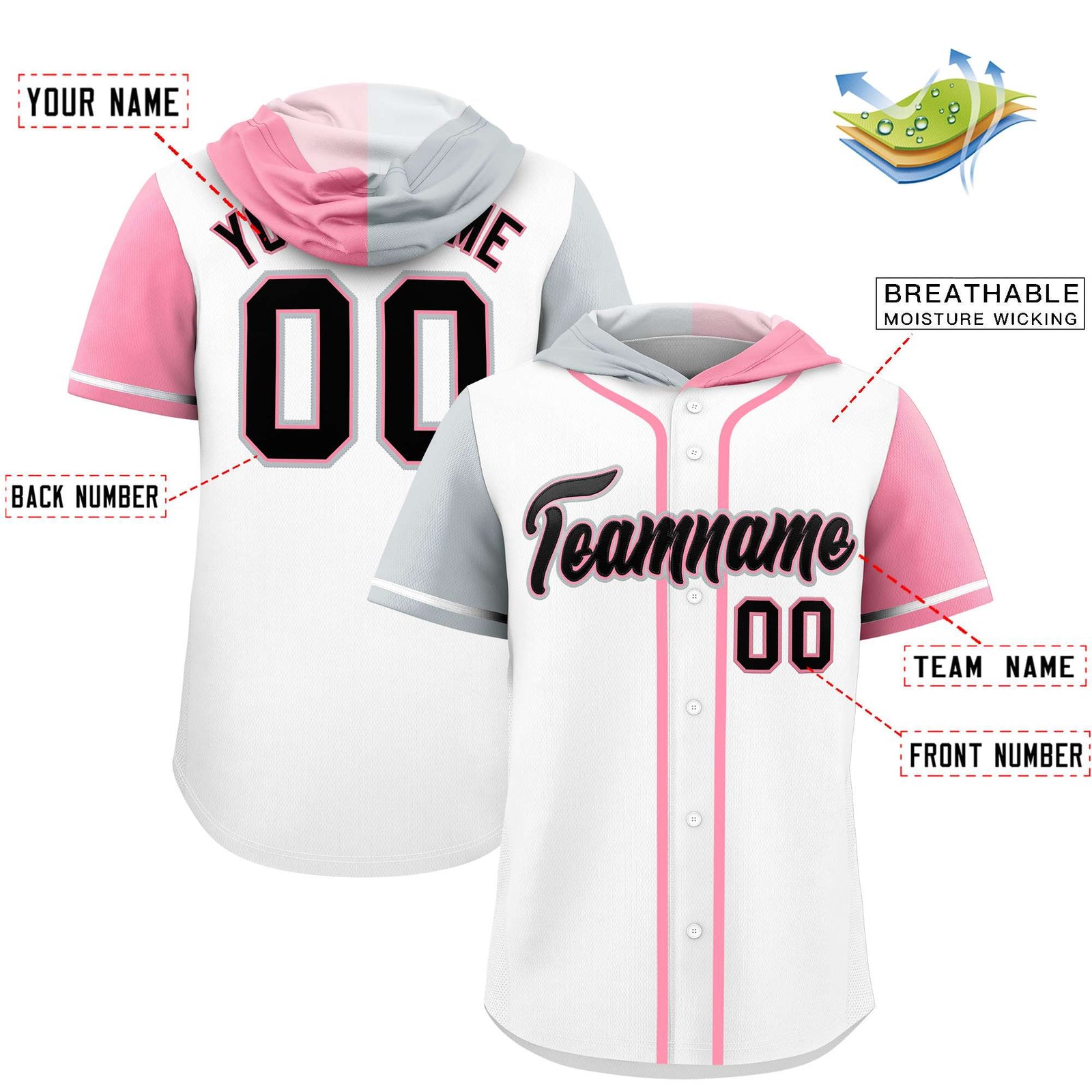 Custom White Silver and Light Pink Split Fashion Raglan Sleeves Authentic Baseball Hoodie Jersey