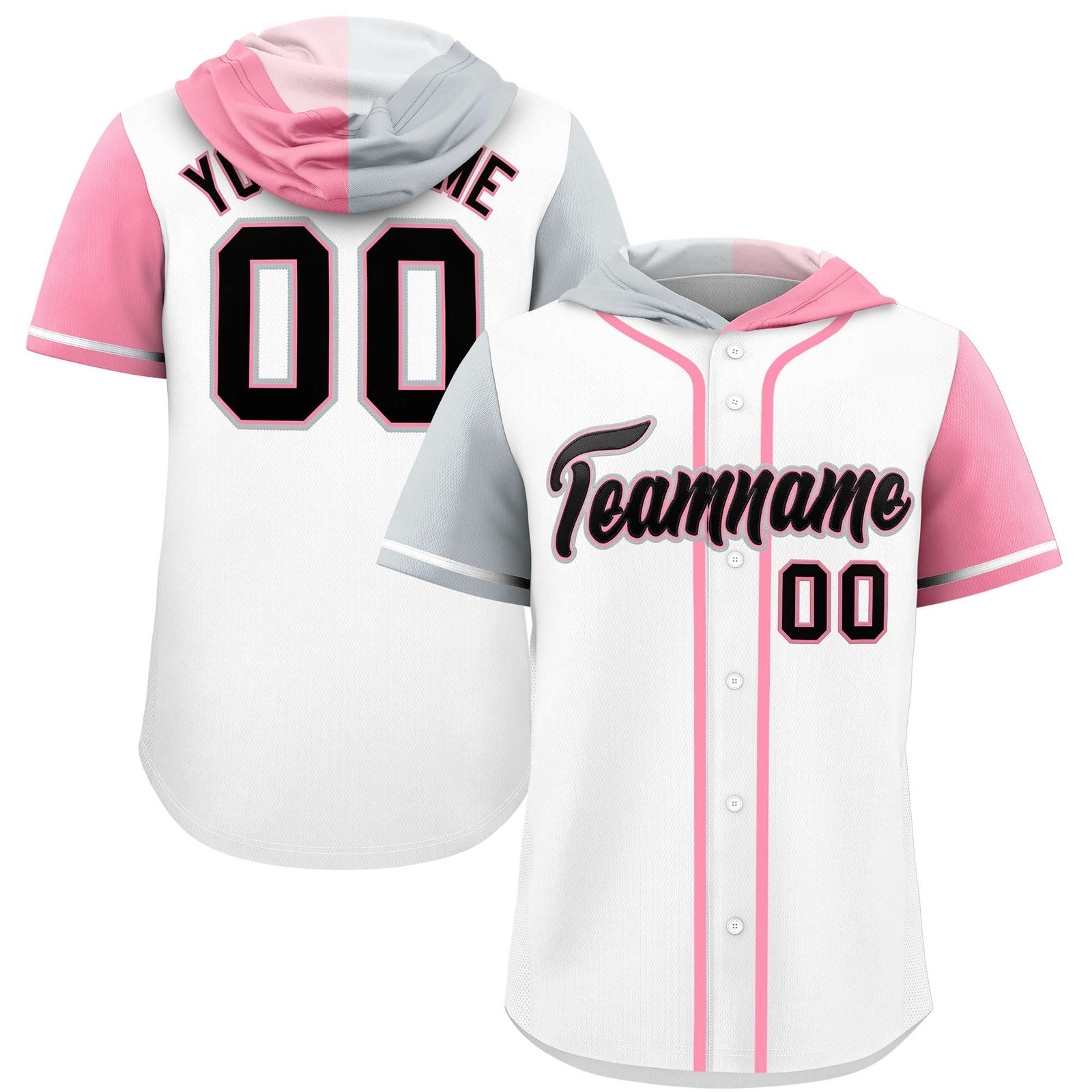 Custom White Silver and Light Pink Split Fashion Raglan Sleeves Authentic Baseball Hoodie Jersey