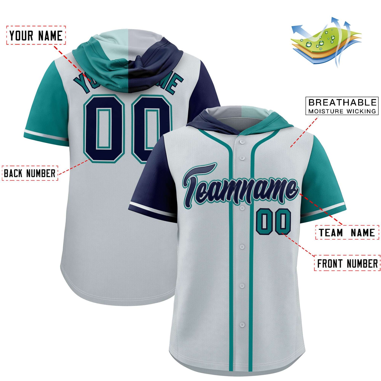 Custom Silver Navy and Aqua Split Fashion Raglan Sleeves Authentic Baseball Hoodie Jersey