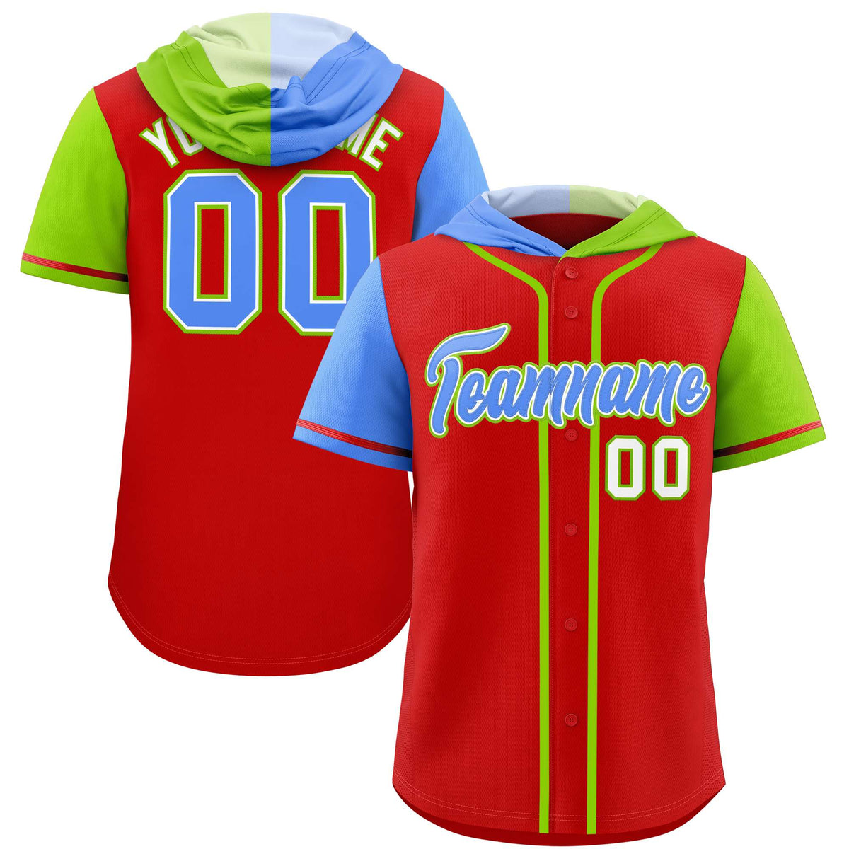 Custom Red Powder Blue and Neon Green Split Fashion Raglan Sleeves Authentic Baseball Hoodie Jersey