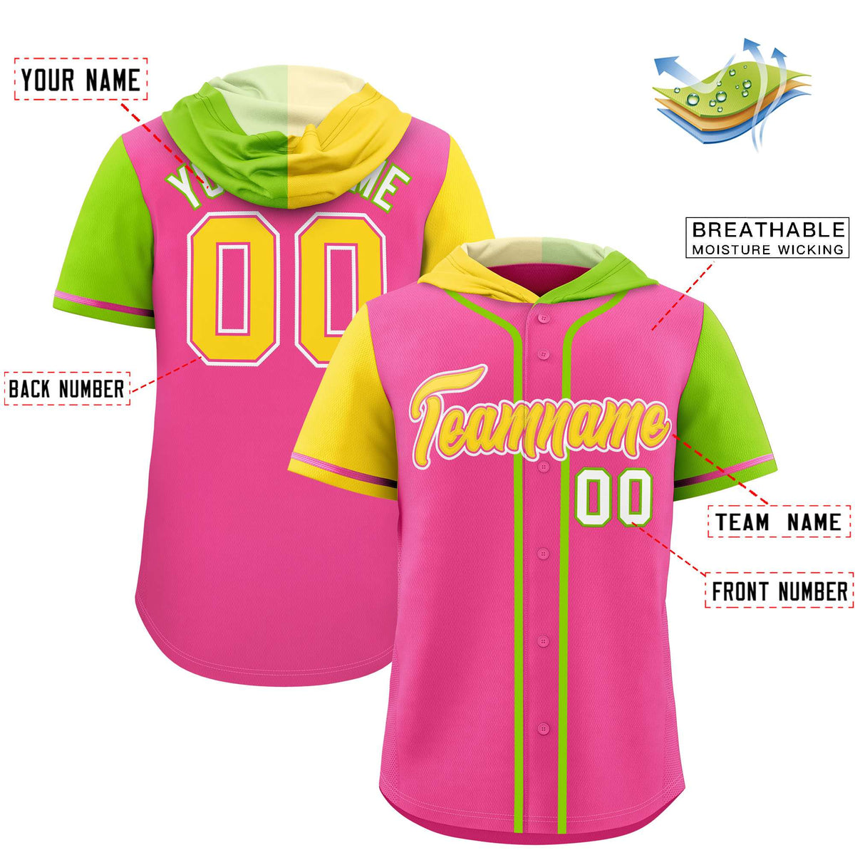 Custom Pink Gold and Neon Green Split Fashion Raglan Sleeves Authentic Baseball Hoodie Jersey