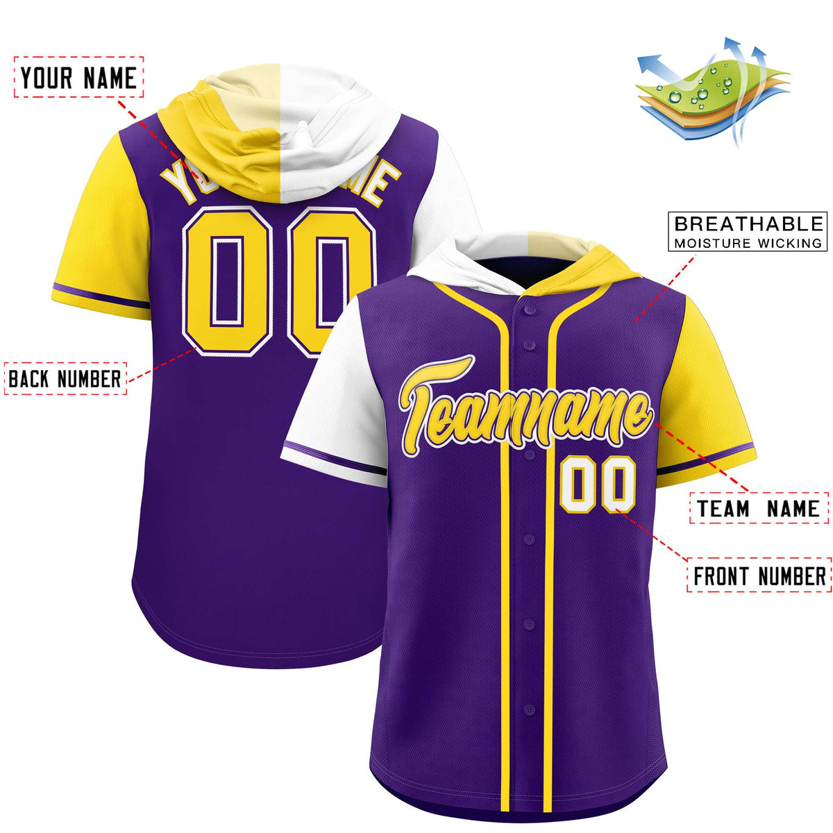 Custom Purple White and Gold Split Fashion Raglan Sleeves Authentic Baseball Hoodie Jersey