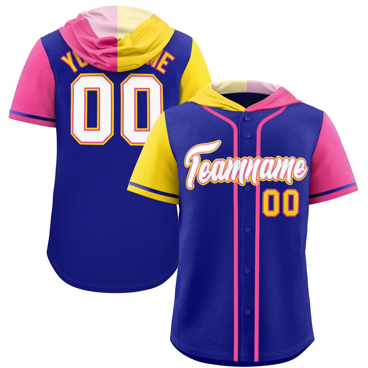 Custom Royal Gold and Pink Split Fashion Raglan Sleeves Authentic Baseball Hoodie Jersey