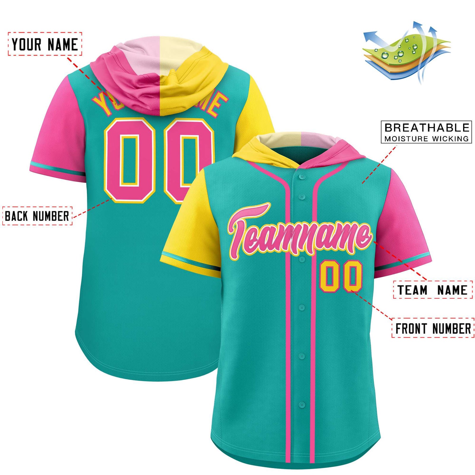 Custom Aqua Gold and Pink Split Fashion Raglan Sleeves Authentic Baseball Hoodie Jersey