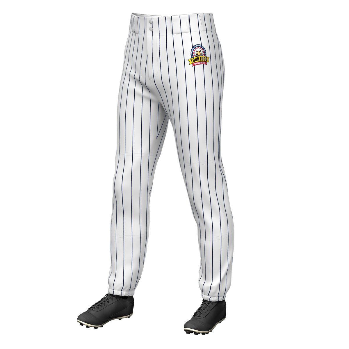 Custom White Navy Pinstripe Fit Stretch Practice Pull  Up Baseball Pants