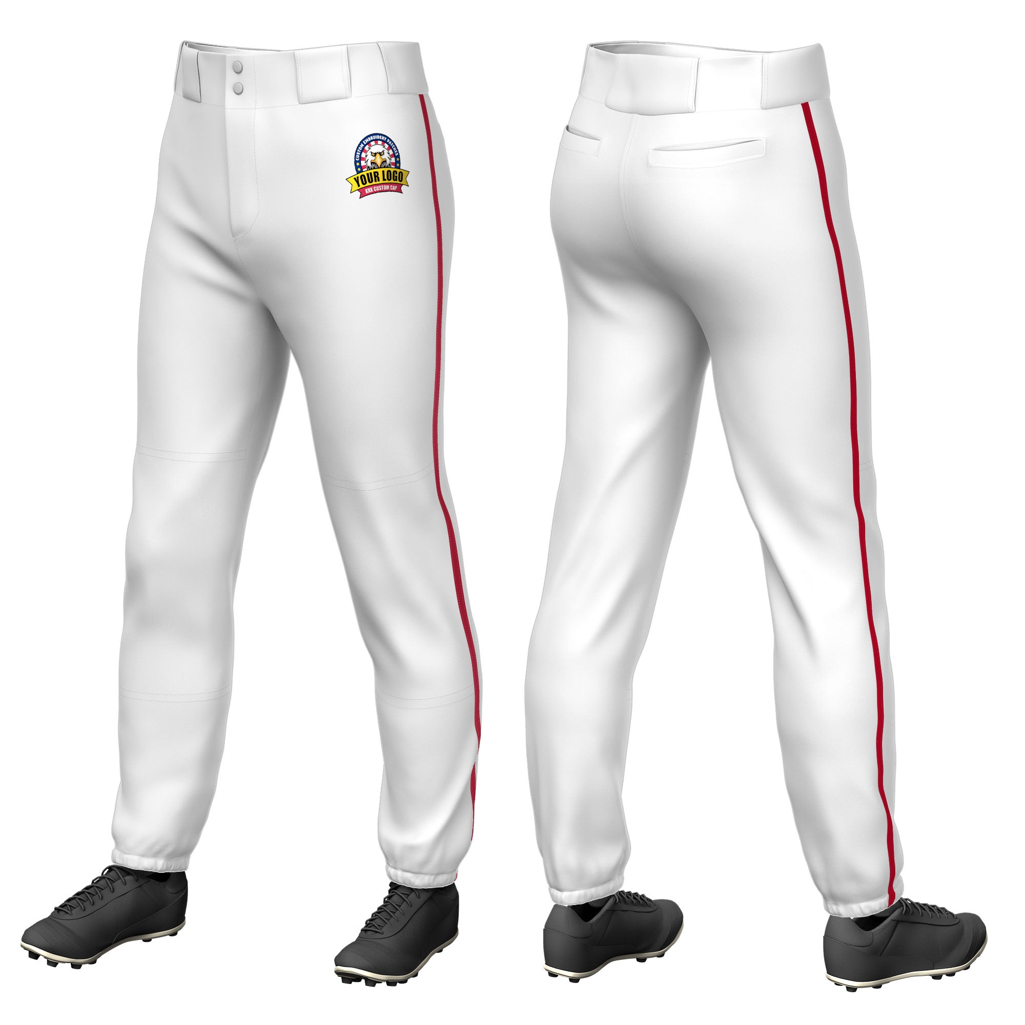 Custom White Red Pinstripe Fit Stretch Practice Pull  Up Baseball Pants