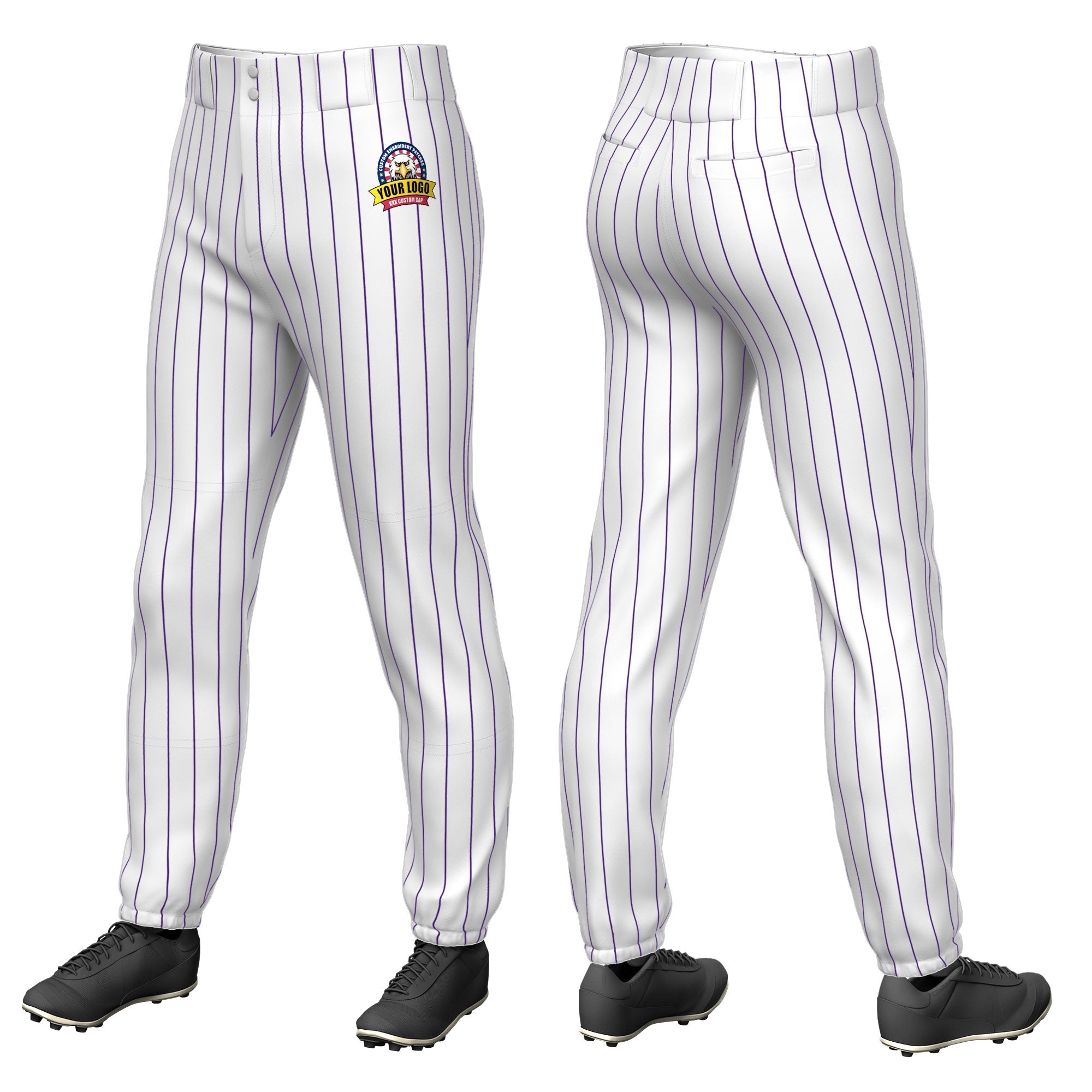 Custom White Purple Pinstripe Fit Stretch Practice Pull  Up Baseball Pants