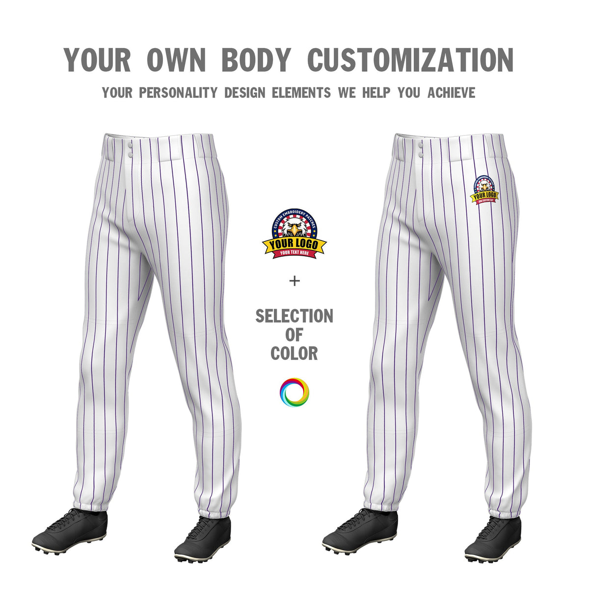 Custom White Purple Pinstripe Fit Stretch Practice Pull  Up Baseball Pants